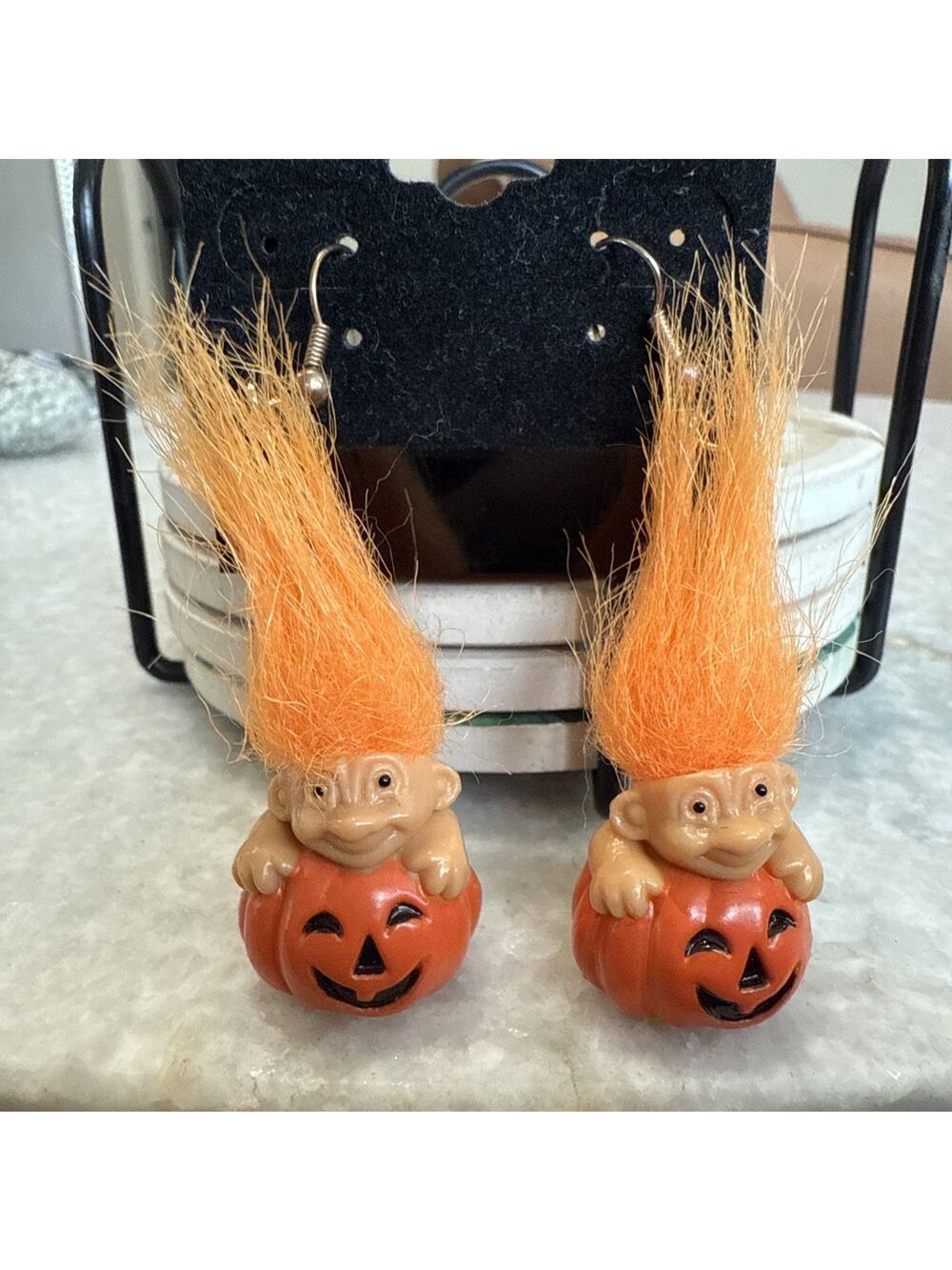 Russ Halloween Mini Orange Hair Troll Doll In Pumpkin Hook Earrings